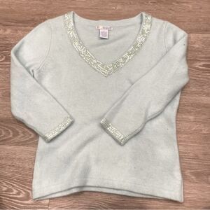 Vintage Angora Baby Blue V Neck Sweater Sequence Beaded Neck and Sleeves